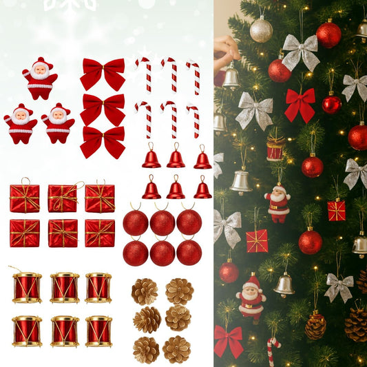 Kit 84 Enfeites de Natal Completo - Bolas, Laços, Sinos e Muito Mais